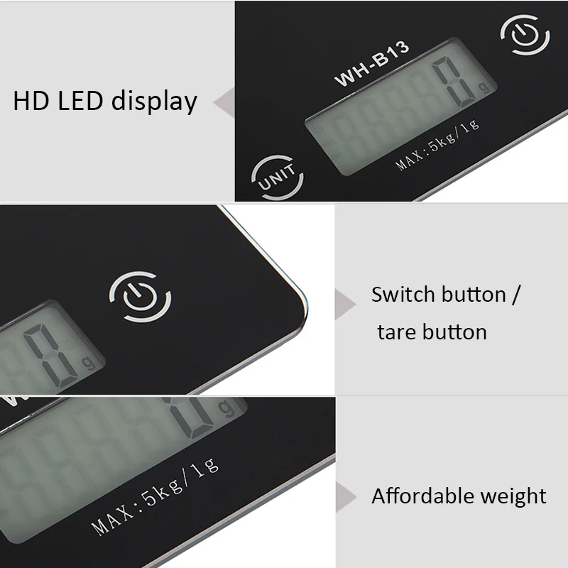 

5kg/1g Portable Weighing Scale Luminous Ultra-thin High Grade Glass Screen Kitchen Scale Digital LCD Display Electronic Scales