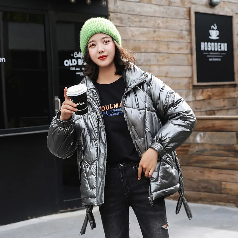 Fashion Ribbon Glossy Parka Women Winter Jacket Cotton Padded Warm Thicken Stand Collar Short Coats Womens Jackets | Женская одежда