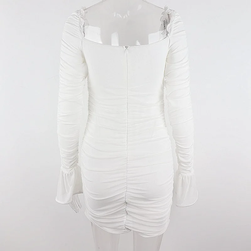 

Cryptographic Fashion 2021 Autumn Square Collar Mesh Ruched Dresses Elegant Cut-Out Flare Sleeve Ruffles Backless Bodycon Dress