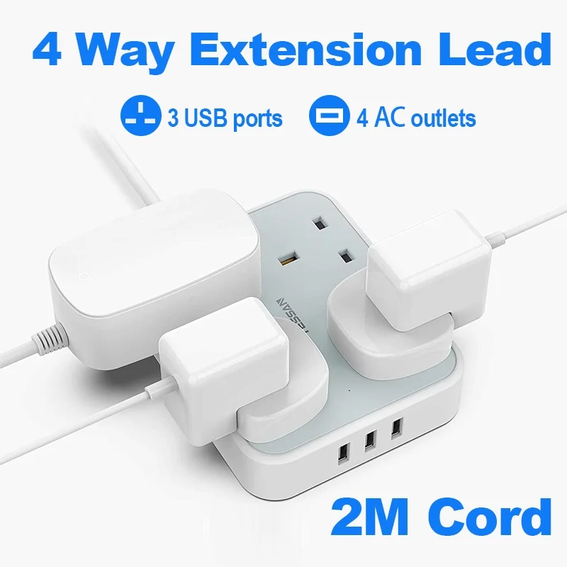 

TESSSAN UK Plug Multiple Socket Power Strip With 4 Widely Spaced Outlets 3 USB Charging Ports 2M Extension Cord for Home, Office