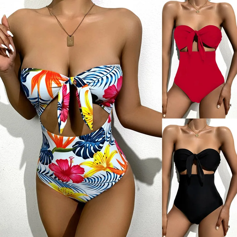 

2021 New European American One-piece Swimsuit Tube Top Lace Sexy Swimsuit High Waist Fashion Solid Color Print Bikinis Set