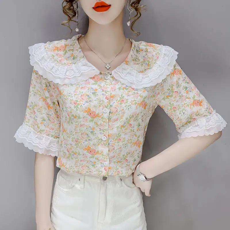 Женская кружевная шифоновая рубашка с кукольным воротником и цветочным принтом