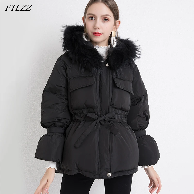 

FTLZZ Зимний пуховик с натуральным мехом и капюшоном для женщин, 90% утиного пуха, верхняя одежда с выдвижной талией