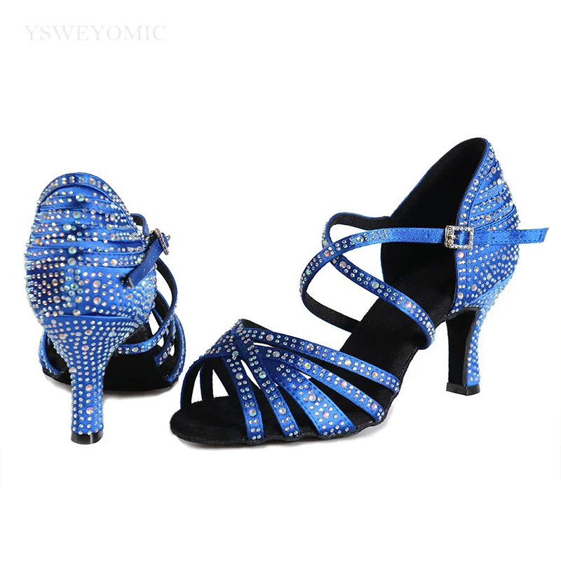Women shoes For dance Blue Black Satin Rhinestones Latin Salsa Bachata Cha cha meduim Heel Trainning Bachata Latin Dance Shoes