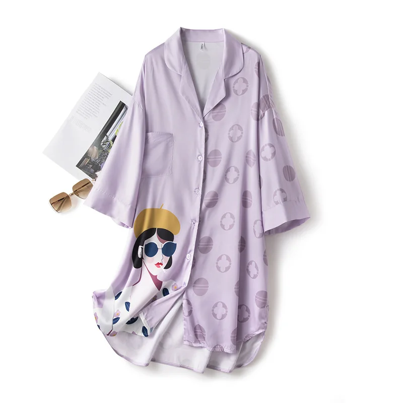 

Пижама женская атласная с принтом, короткая пижама в стиле пэчворк, ночная рубашка, Повседневная Домашняя одежда с карманами, фиолетовая