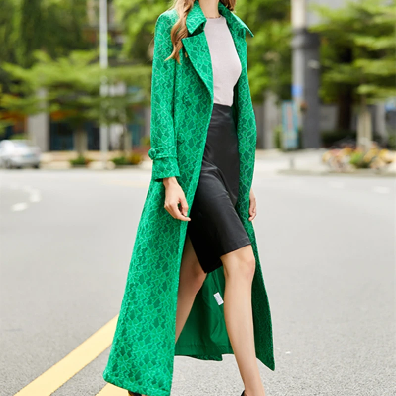 

Модный осенне-зимний женский Новый X-длинный Тренч кружевные двубортные облегающие пальто с цветочным принтом и бантом зеленые модные трен...