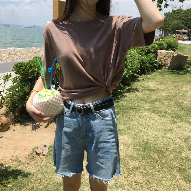 Женская Повседневная Базовая футболка с круглым вырезом летние топы корейская