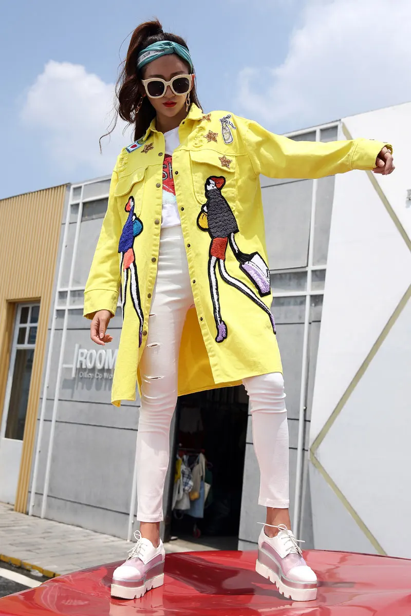 Женский Осенний хлопковый джинсовый Тренч желтое повседневное винтажное пальто