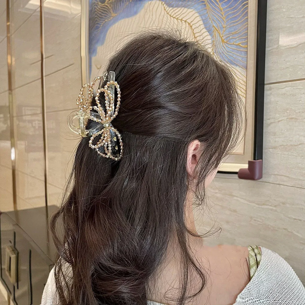 

New Korean Elegant Bow Hair Claws For Women Girls Hair Clip Large Grab Clips Shark Clip Crystal Hair Accessories Cross Hairpin