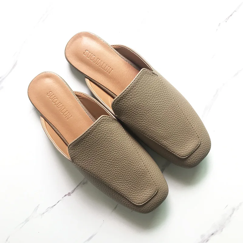 

Autumn Casual Flat Square Toe Women Mules Comfy Office Lady Slip on Shoes Outside Slippers Solid Color PU Women's Mules Spring
