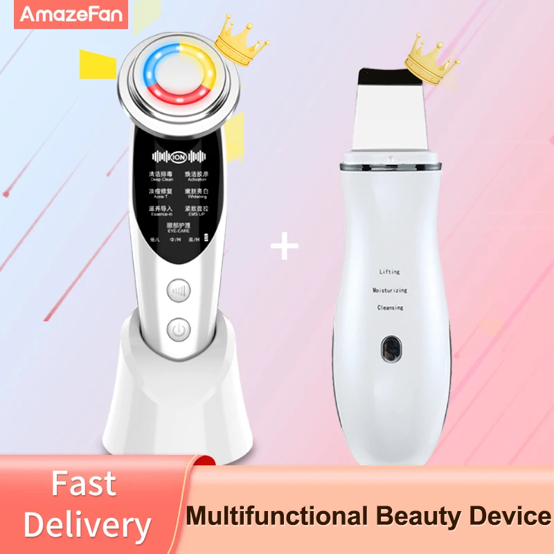 

7in1 RF&EMS Photon Facial skin Care+Ultrasonic Scrubber Cavitation peeling Face Massager+Ultrasonic cleaning Beauty instrument