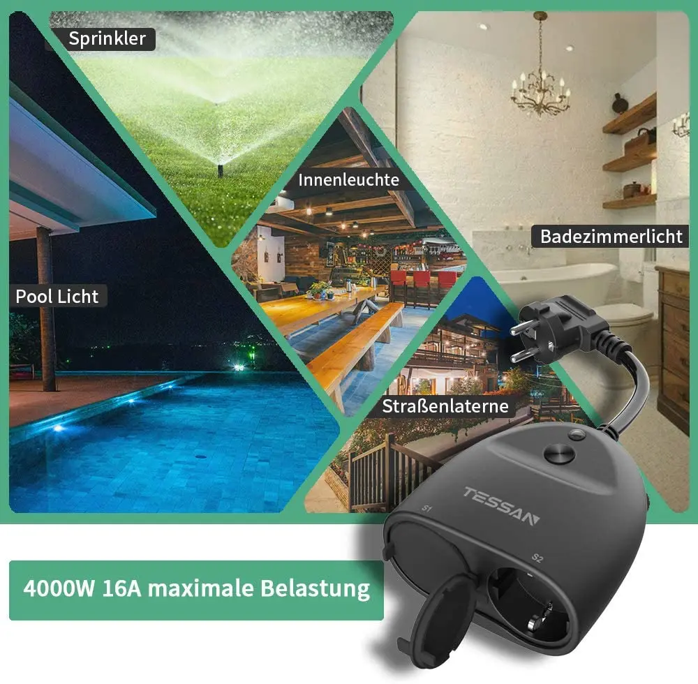 

TESSAN Outdoor Waterproof Power Strip WIFI Smart Socket with EU Plug and 2 Outlets compatible with Alex, Google Home