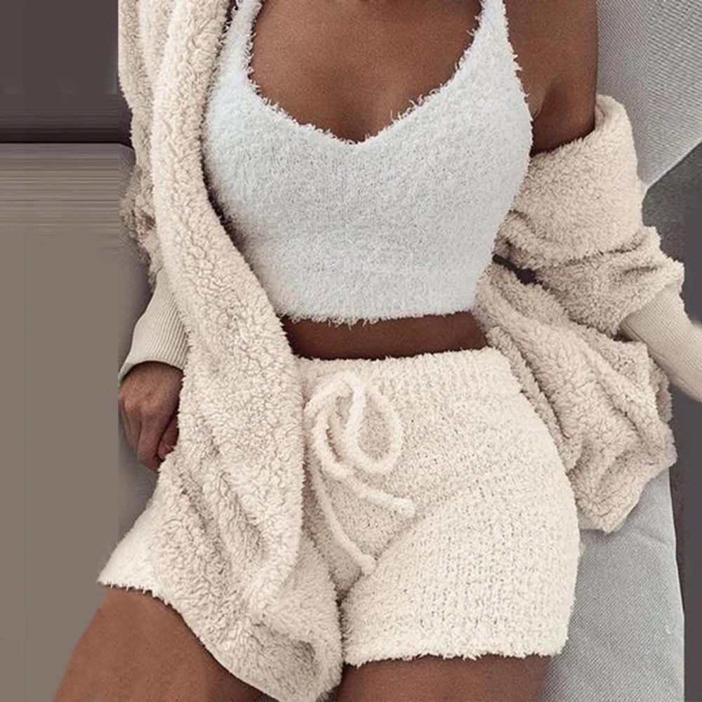Long Plush 3-piece 2 Piece Sleeve Jacket Women Crop Top Shorts Set Suit 2019 New Female Leisure Sports Sets | Женская одежда