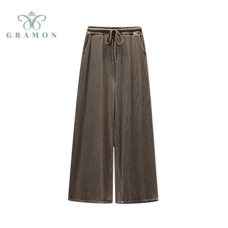 

Women Pants 2021 New Elastic High Waist Soft Comfort Casual Autumn Lace Up Slacks Oversized Pleated Wide leg Long Trousers Femme
