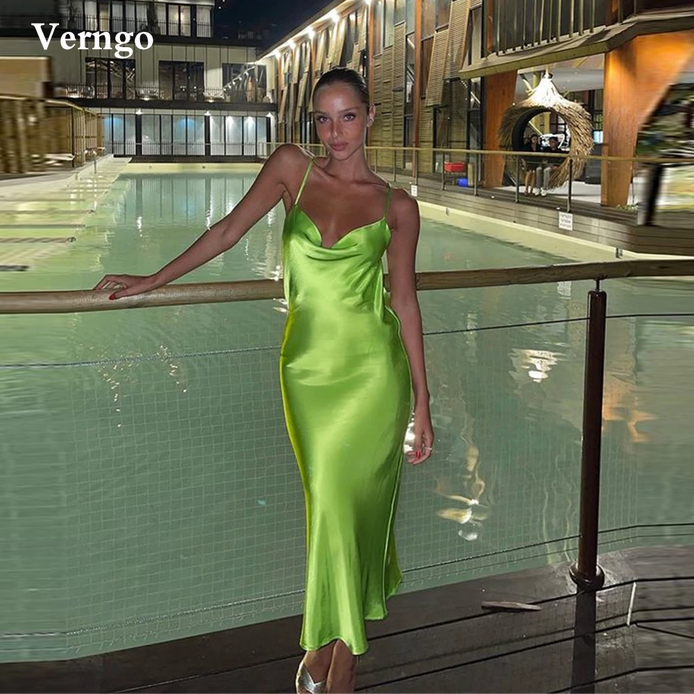 Verngo 2021 Bright Emerald Green Silk Satin Evening Party Dresses Sexy Backless Spaghetti Straps Women Maxi Night Club Gowns