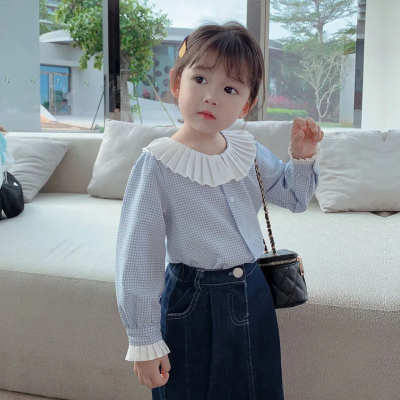 

Girls clothes Top shirt fashion The New sweet flower side round neck plaid child coat 3-8 years old Beibei high quality clothing