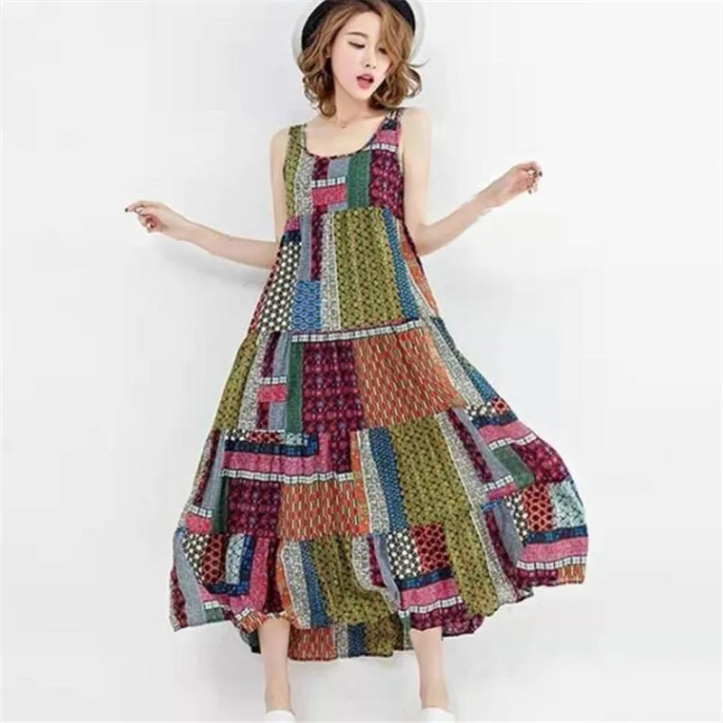 

National Style Summer Dress For Women Printed Sleeveless Suqare Neck Long Maxi Dress Split Vintage Boho Dress For Lady Casual