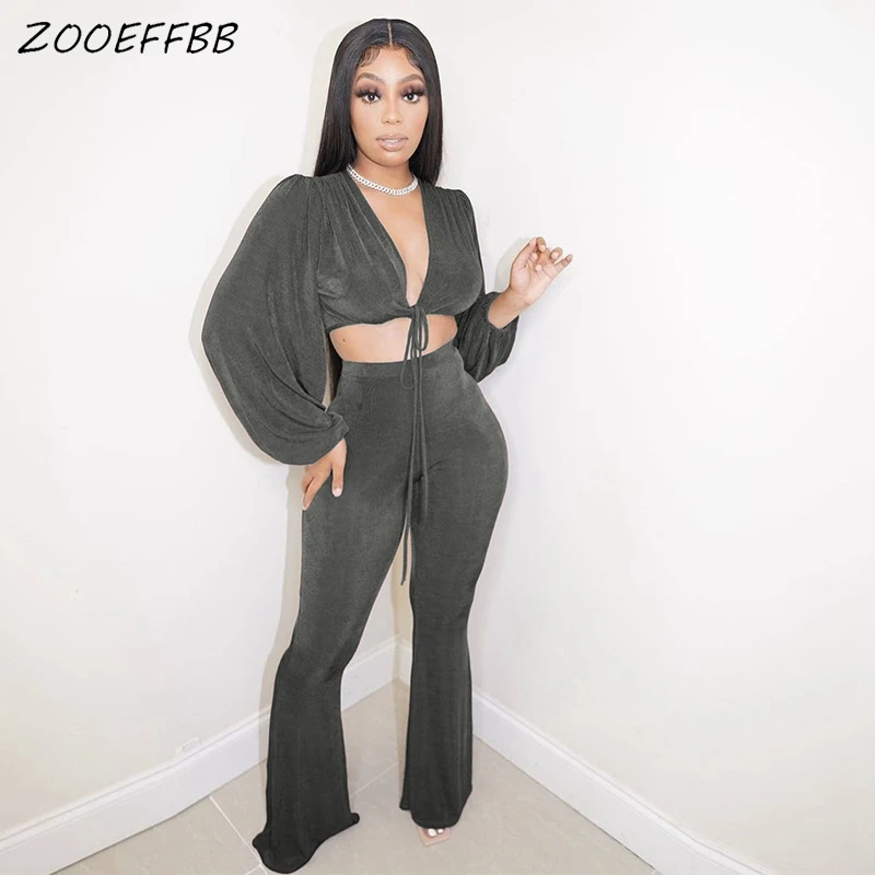 

Бархатный сексуальный комплект ZOOEFFBB из двух предметов, бандажный укороченный топ, модные брюки для женщин, осенняя одежда, уличная одежда, К...