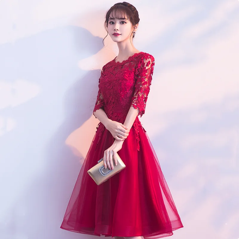 

Autumn new women's round neck stitching lace sleeves can usually wear red wedding toast bridal dress