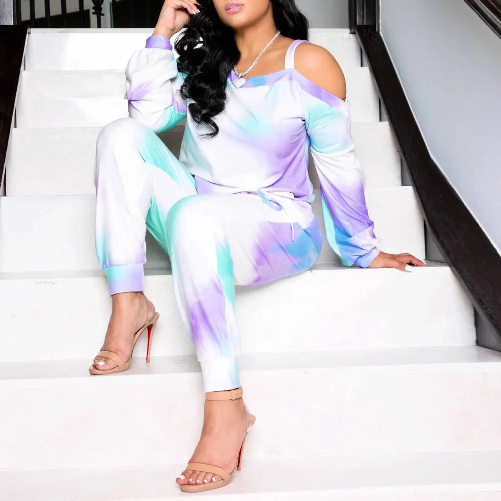 

Activewear Tracksuit Women's Sets Tie Dye Print Long Sleeve Loose Top and Drawstring Jogger Pant Off Shoulder Home Suit Outfits