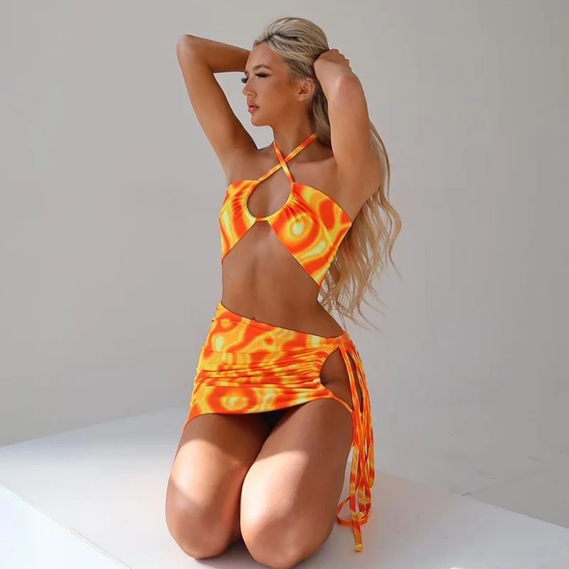 

2 Two Piece Suits Summer Women Dresses Sets Ladies 2021 Halter Tops Short Mini Skirt Sundresses Cropped Dress Suit Sexy Clothing