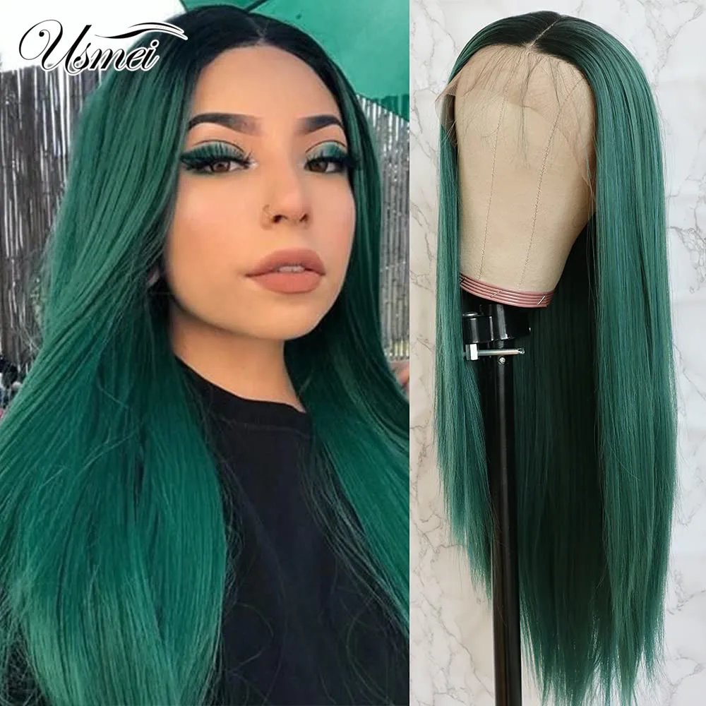 

Usmei T Part Synthetic Lace Front Wig Long Straight Glueless Wig Ombre Green Heat Resistant Fiber Hair Lace Front Wigs for Women