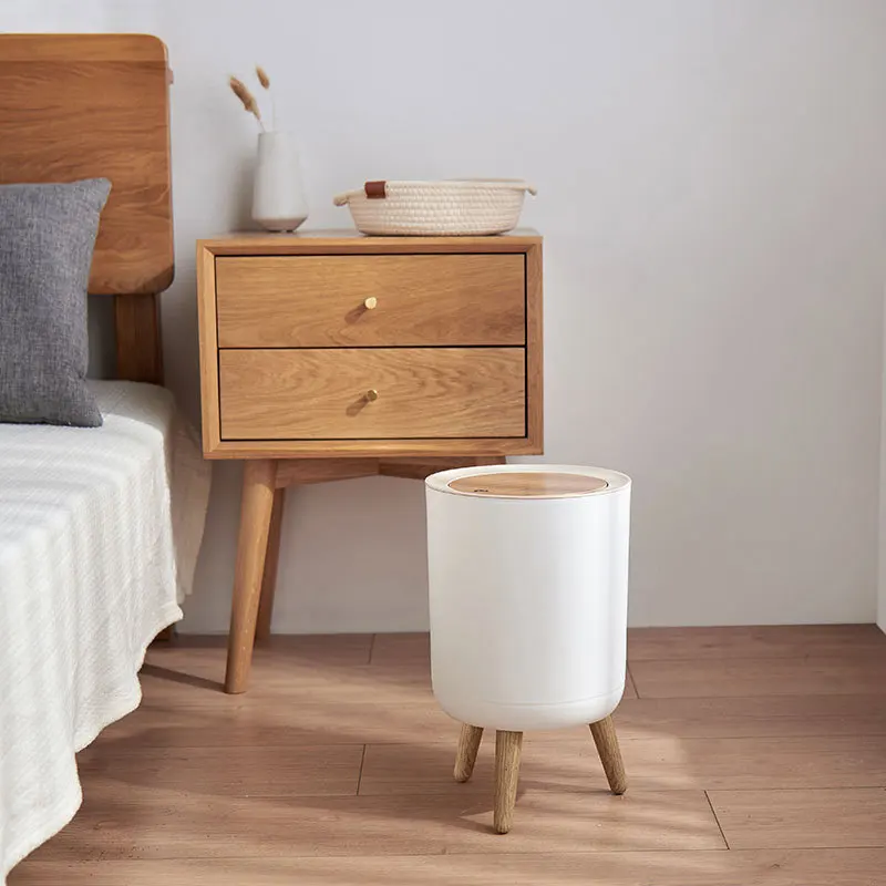 Enlarge 7L Fashion Nordic Style Trash Can High Foot Imitation Wood Top Trash Bin with Lid Waste Basket Garbage Cans for Kitchen Bathroom