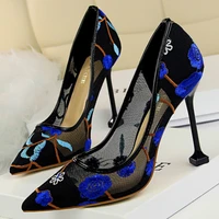 2020 new fashion womens high heeled shoes shallow mouth pointed flowers embroidery thread lace mesh hollow sexy nightclub shoes