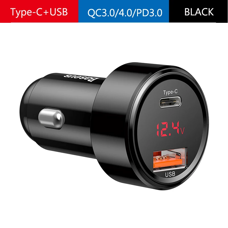 BLACK Type c USB Baseus автомобильное зарядное устройство с двумя Usb QC 3,0 4,0 Быстрая зарядка 6A зарядное устройство для мобильного телефона Зарядка для автомобиля PD 3,0 прикуриватель - Тип штекера: BLACK Type c USB
