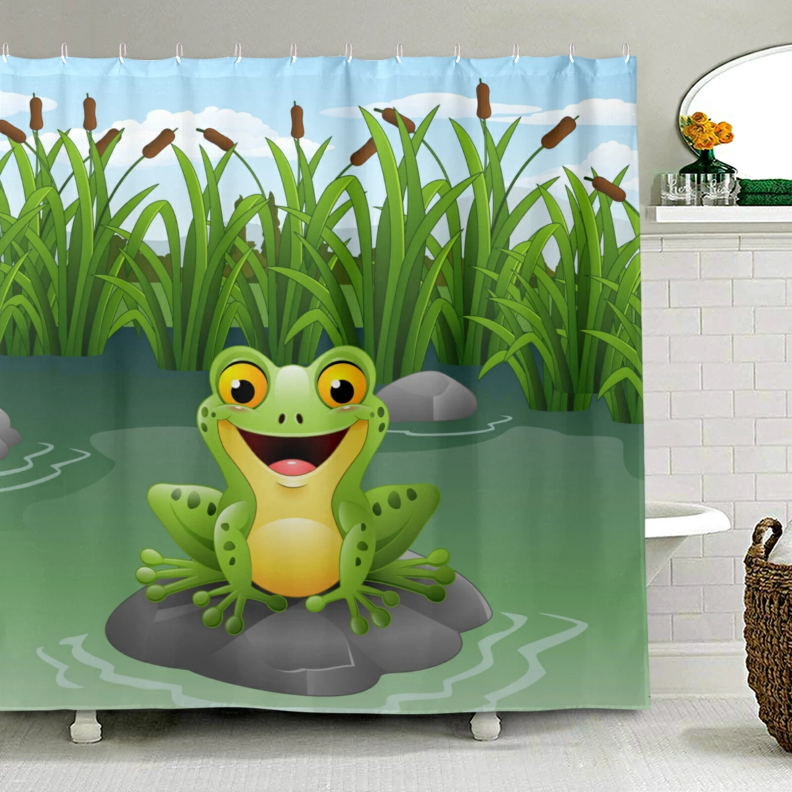 

Cartoon Frogs In The Pond Pattern Shower Curtain Bathroom Waterproof Polyester Fabric Cute Bath Curtain With 12 Pcs Hooks Decor