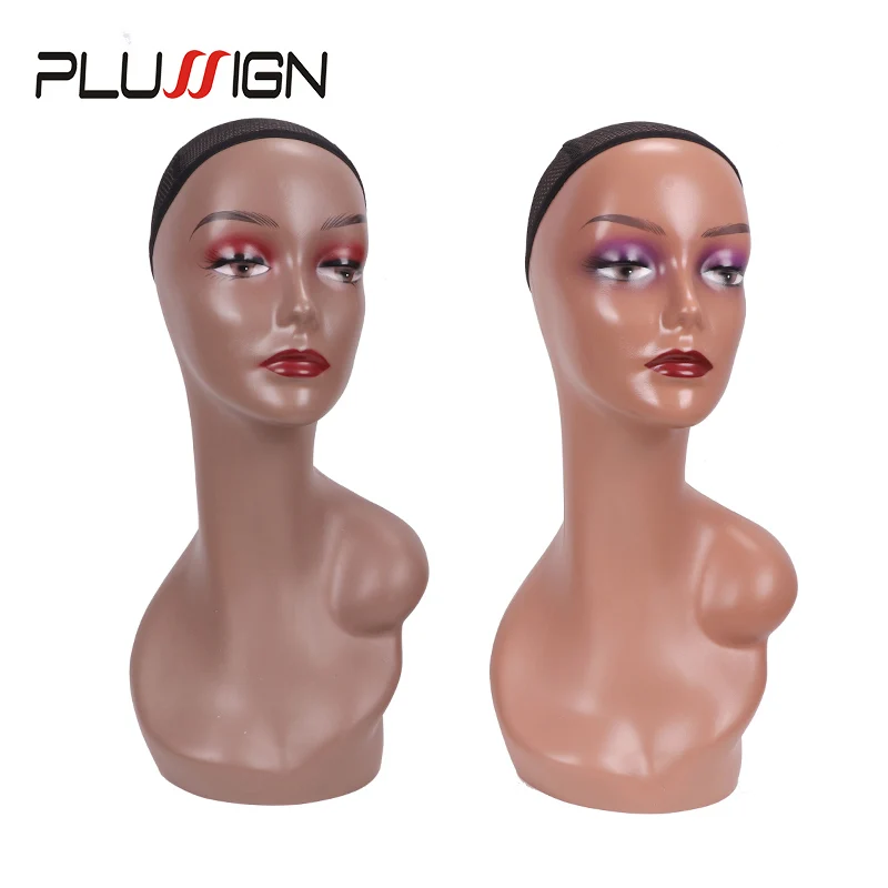 Plussign Unbreakable Womens Flesh Tone Black Realistic Mannequin Head Wig Display Stand Pvc Mannequin Head With Shoulder