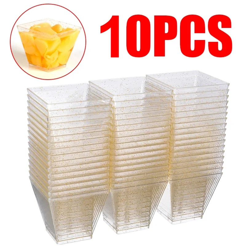 

10Pcs Disposable Hard Plastic Transparent Ice Cream Cup Trapezoidal Square Mousses Dessert Cup Wedding Party Food Container