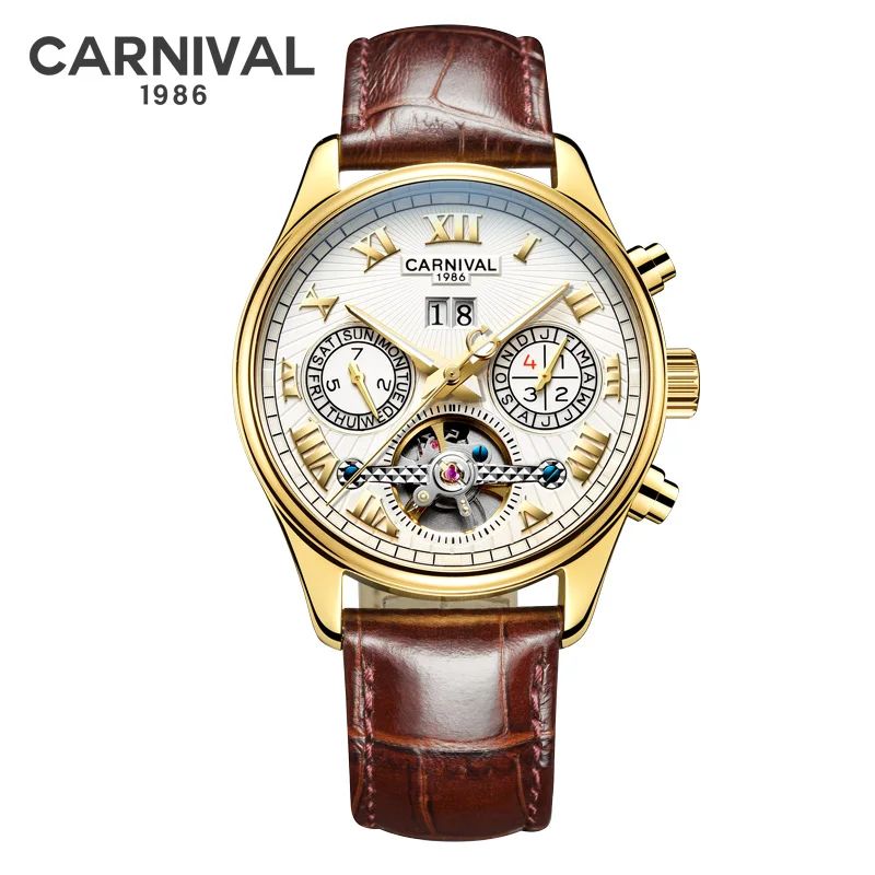 Tourbillon Relogio Masculino карнавал автоматические мужские часы люксовый бренд кожаный