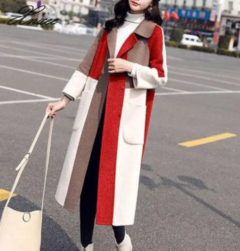 

Spring new elegant contrast color lapels long wool coat women's autumn winter high quality blend long-sleeved blazer outwear