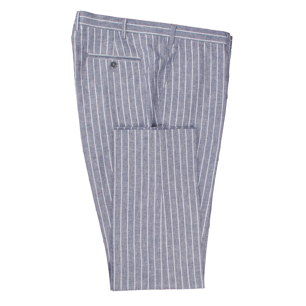 2021 Breathable Denim Blue Chalk Stripe Linen Cotton Dress Pants Tailor Made Trousers Custom Made Pants For Summer Linen Pants