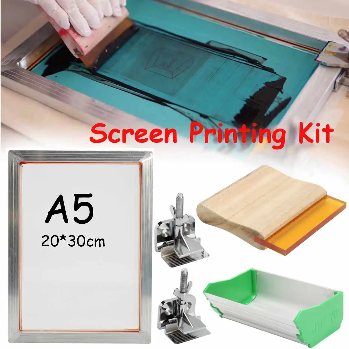 

A5 Screen Printing Kit Aluminum Frame Stretched, Polyester Fiber Mesh, Hinge Clamp, Emulsion Scoop Coater, Squeegee Board Set