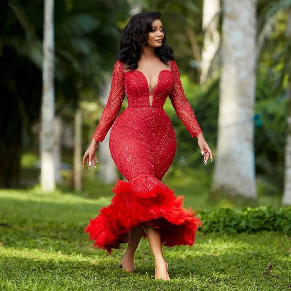 

Red Long Sleeve Evening Dresses Mermaid 2021 Sweetheart Formal Party Dress Sequin Feathers Tea Length Dubai African Evening Gown