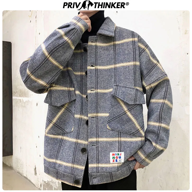 Мужская клетчатая куртка Privathinker Повседневная Свободная шерстяная в Корейском