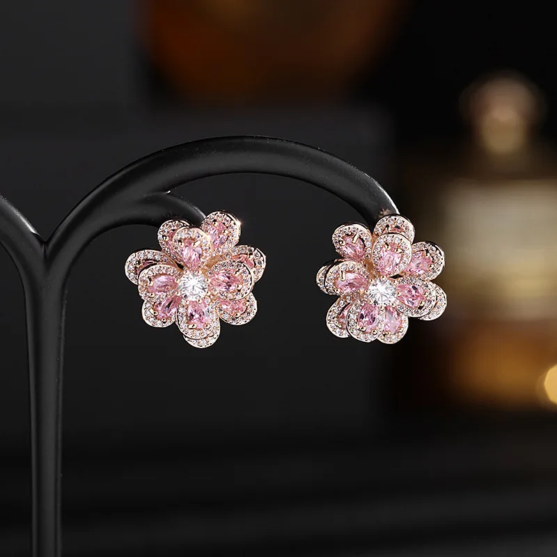 

AJC Women's earrings Korean temperament color zircon flower earrings simple daily camellia earrings