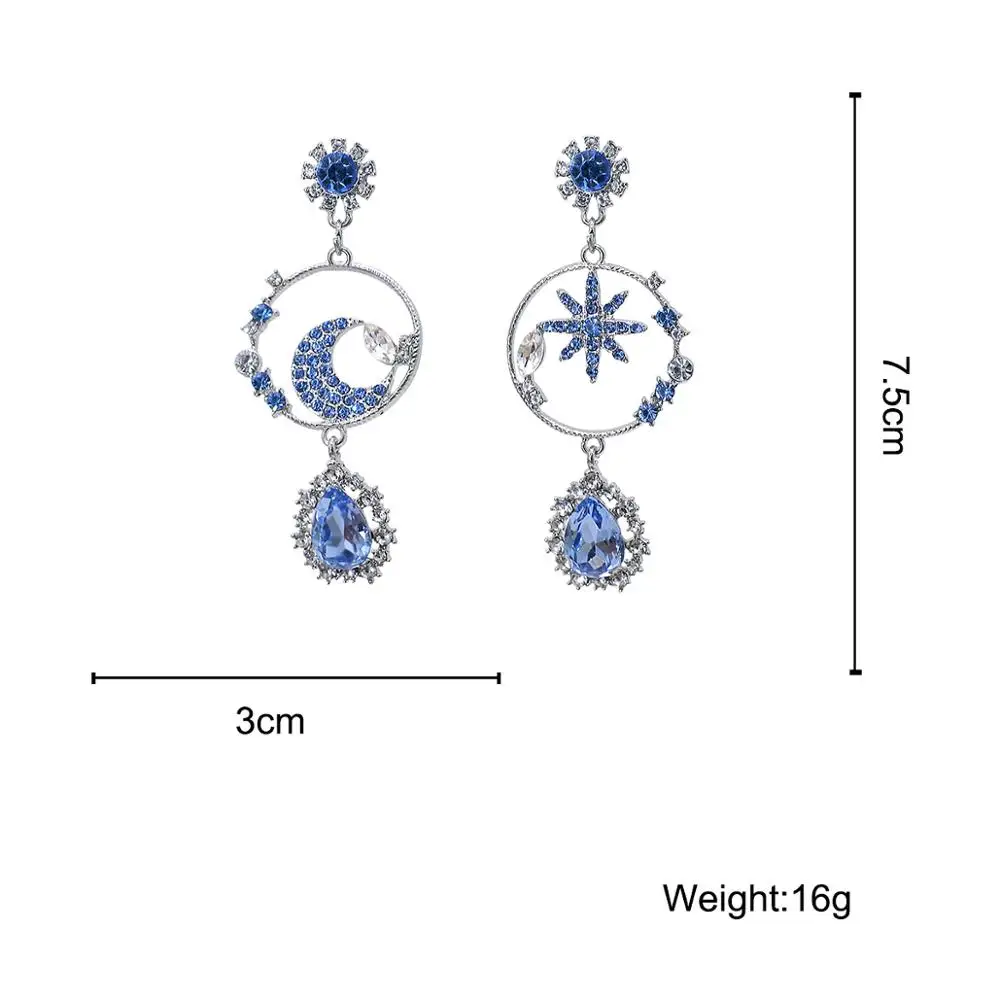 

AMORCOME Unique Design Sweet Asymmetry Blue Crystal Moon Star Pendant Drop Earrings for Women Rhinestone Long Tassel Ear Jewelry