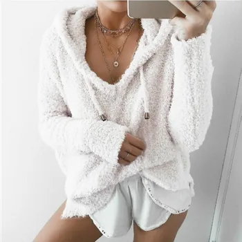 Fluffy Hoodie Top Women Casual Mohair Hooded Pullovers V Neck Fleece sweatshirt Sweet Loose Warm Autumn Winter Pullover Top 1
