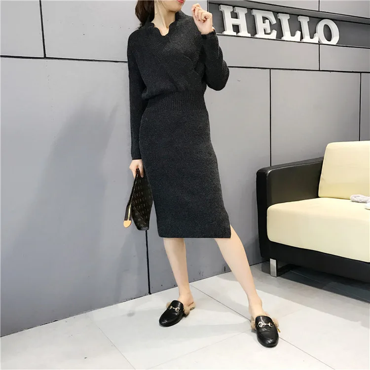 

Bonjean Women V neck Casual Female Long Party Winter Dresses Sexy Long Sleeve Turtleneck Sweater Dress Knitted Boho Women Dress