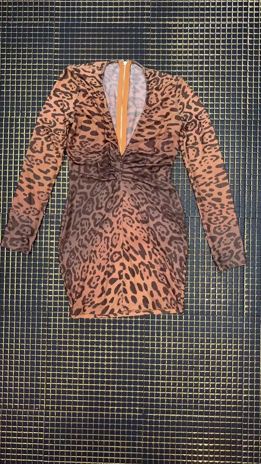 Vestidos Women Sexy Fashion Full Sleeve Leopard Mesh Dress Ladies Designer Evening Celebrity Party Dress Vestido