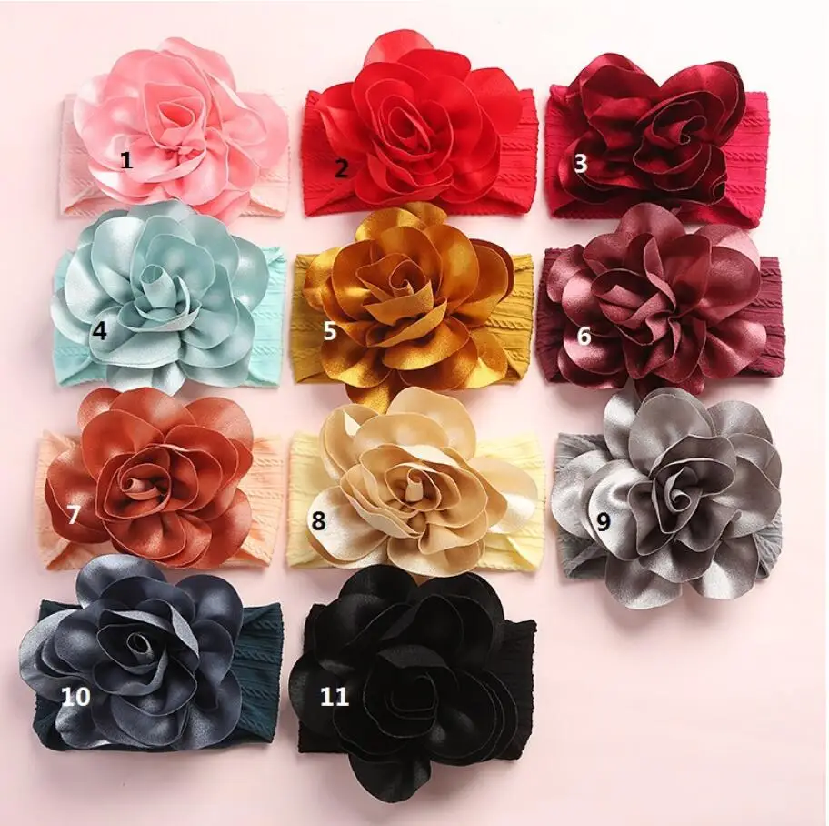 

12 шт./Лот, Детская повязка на голову с большим цветком для новорожденных девочек, обруч с широкой нейлоновой повязкой, нейлоновая эластичная...