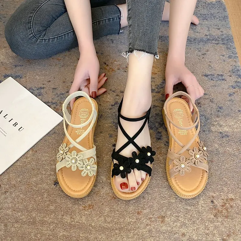 

Beige Heeled Sandals Female Shoe 2021 Summer Anti-Skid All-Match Soft Black Girls Low Fashion Comfort Flat New Rubber Back Strap