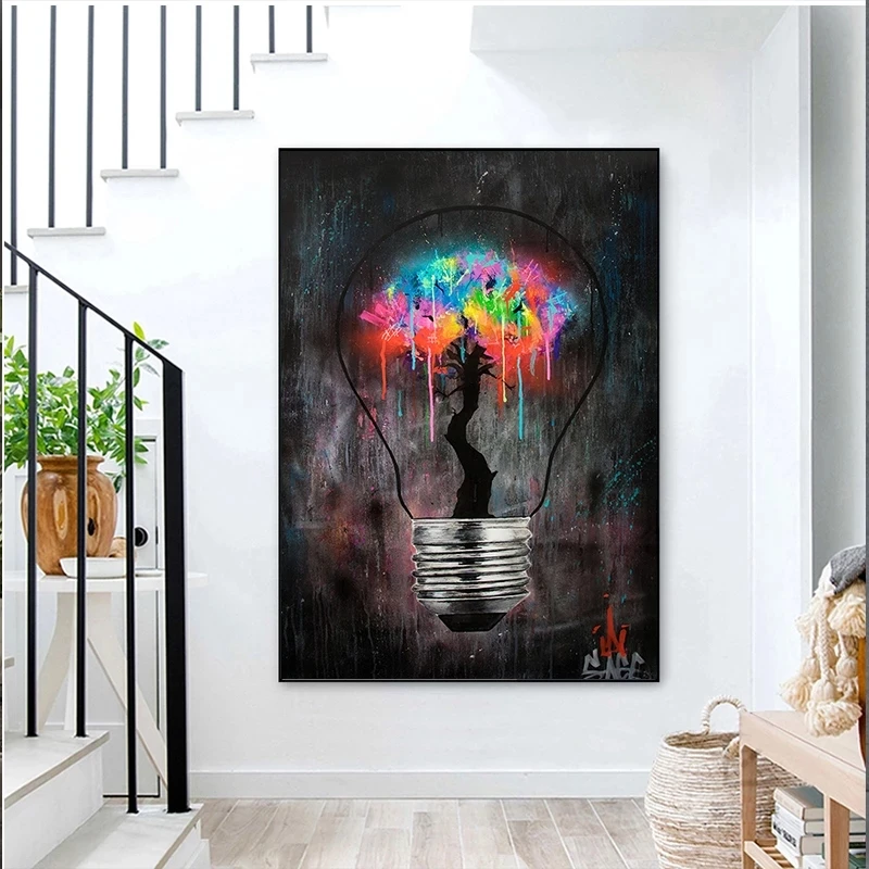 

Light bulb graffiti art canvas paintings and posters, abstract street wall art pictures, for family living room decoration