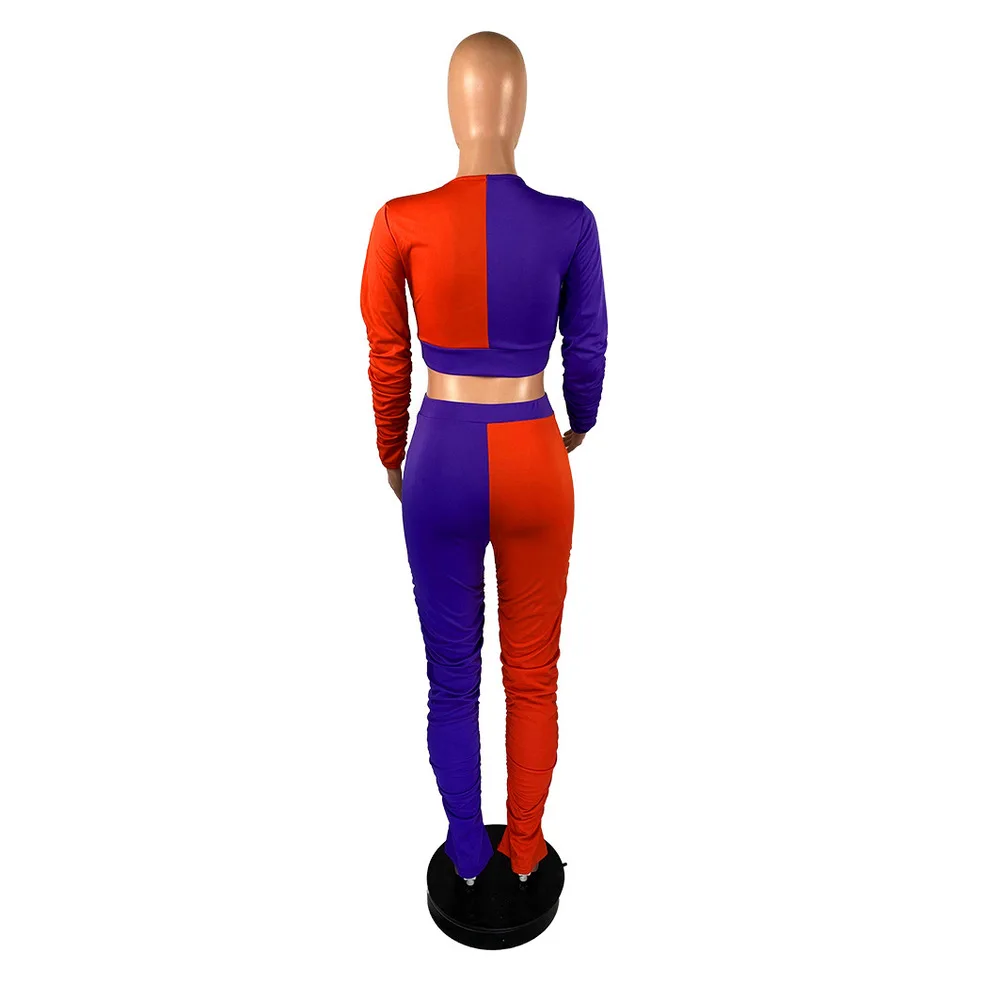 

Contrast Color Spliced 2 Piece Set Summer Clothes for Women Deep V Neck Long Sleeve Crop Top + Stacked Pant Plus Size Tracksuit