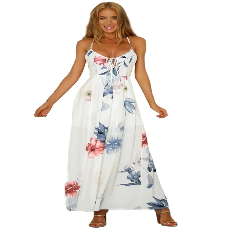 

Summer Plus Size One-Piece Group Slit Beach Sling Print Long Large Swing Women Dress