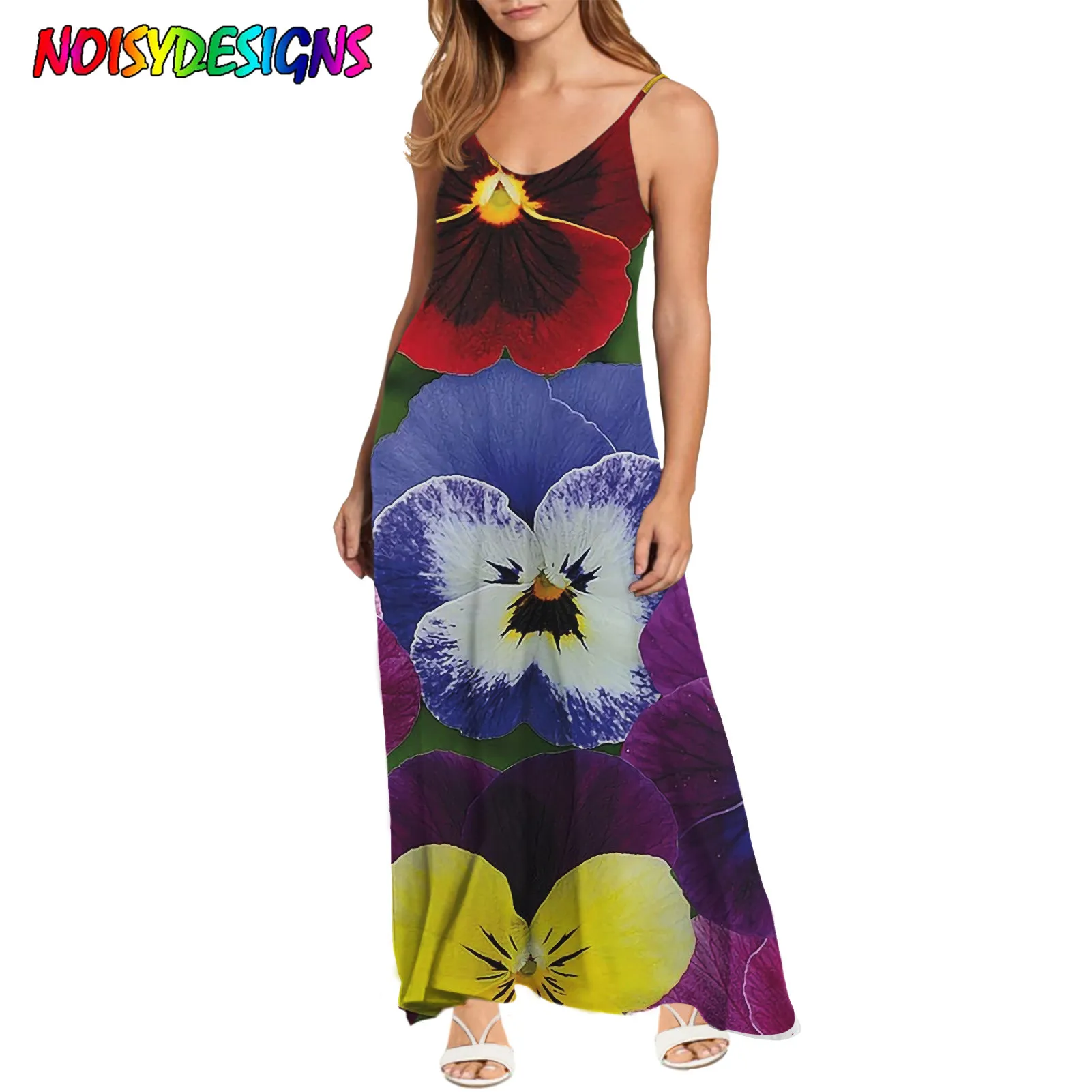NOISYDESIGNS Summer Holiday Dress Spaghetti Strap Colorful Pansy Flowers Prints Beach Style Ankle-Length Women Dresses Soft