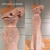 sparkly ruffles one shoulder sequin mermaid evening dresses for women party wedding guest formal gowns robe de soiree